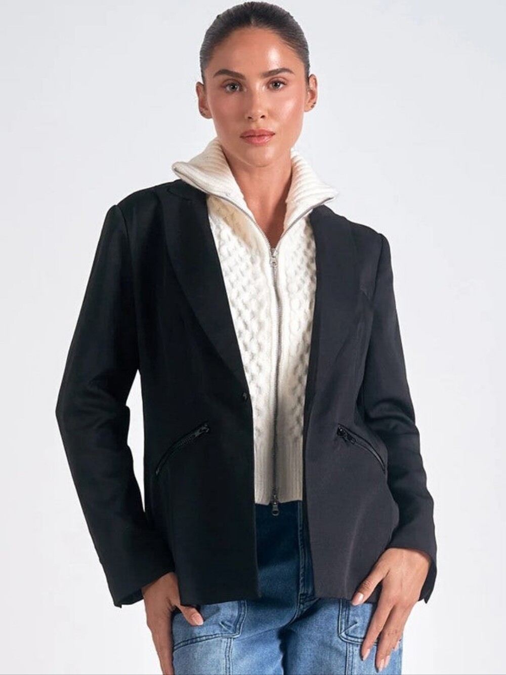 Elan Black Celine Zip In Sweater Combo Blazer Jacket NWT